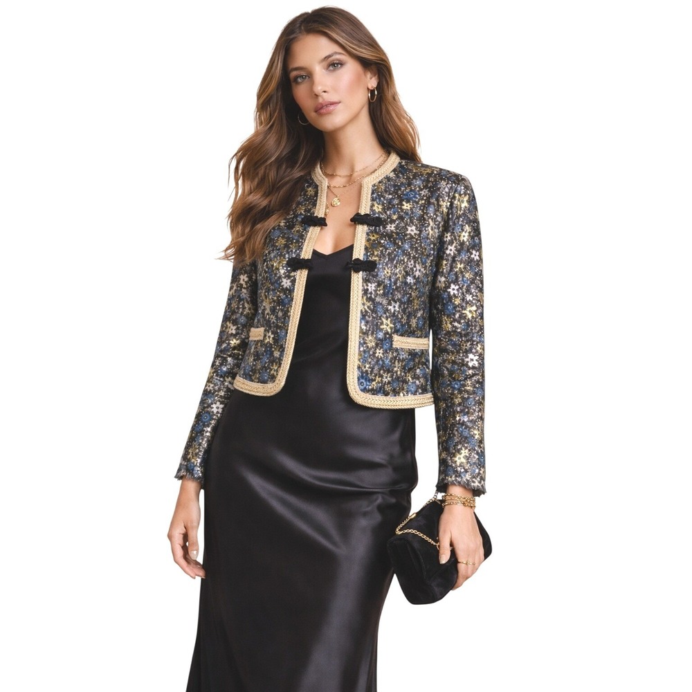 NEW Diego Binetti Jacquard Star Print Jacket Frog Toggle Metallic Starry XS
